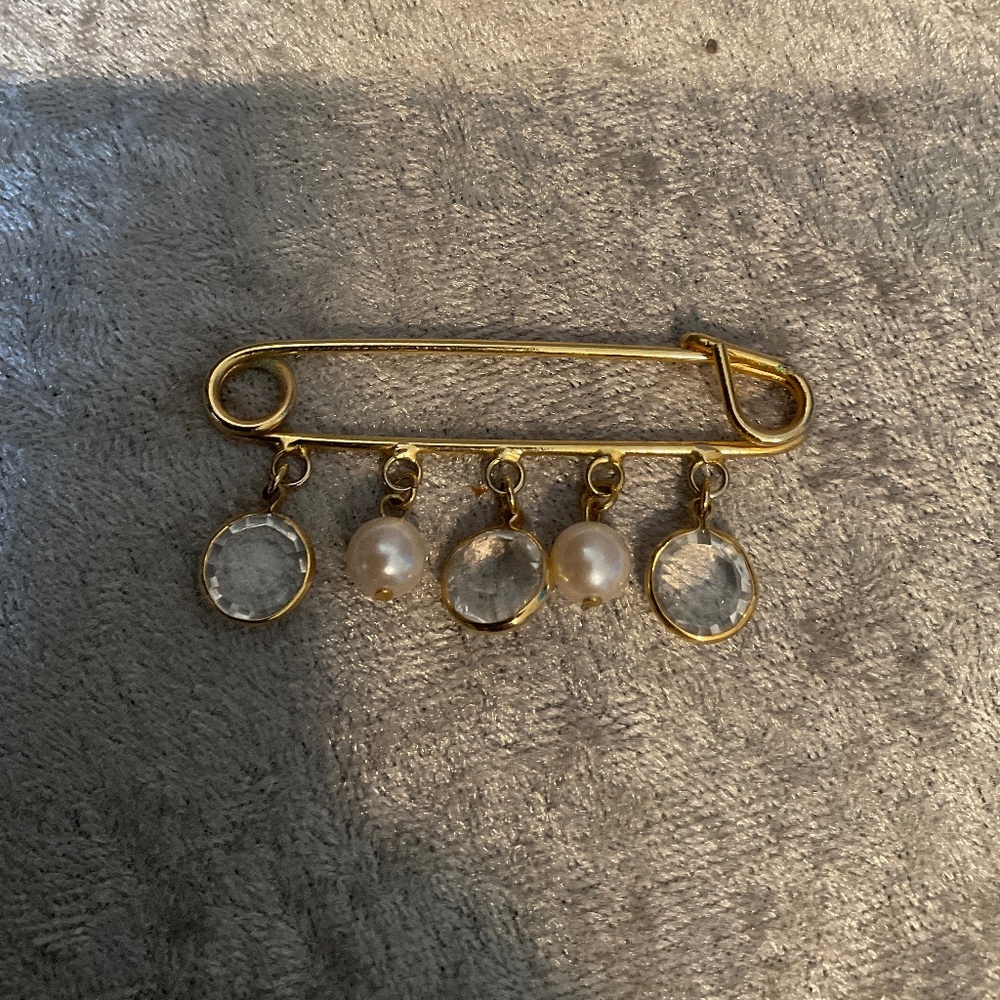 Vintage Gold Safety Pin Brooch with Dangle Charms